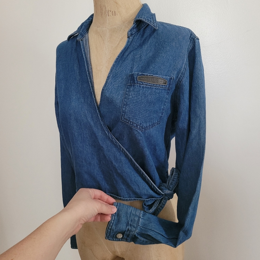 Harley Davidson Womens Denim Wrap Tie Belt Top 100% Cotton S Motorcycle Street - Picture 4 of 13